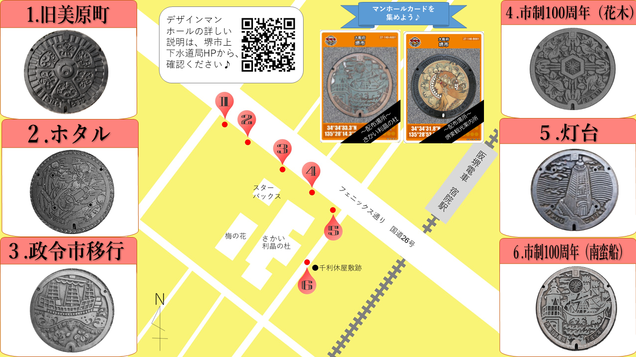 さかい利晶の杜エリアの各マンホールの位置とデザインを記した位置図