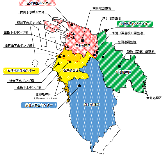 水再生センターとポンプ場、雨水調整池の位置図