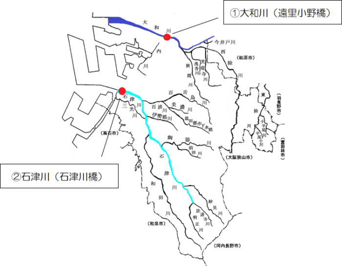 大和川と石津川が色付けされている地図