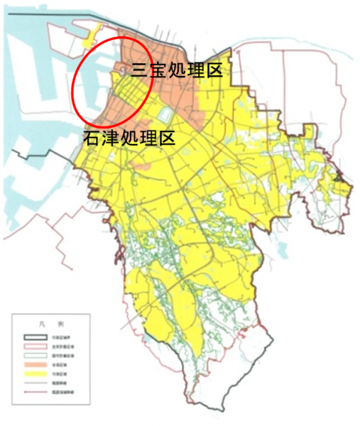 堺市の地図が三宝処理区と石津処理区に色分けされ、一部分が赤丸されている図