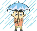 傘をさして立ち横殴りの強い雨に驚いている男性のイラスト