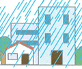 建物が見えなくなるほどの強い雨が降っている様子のイラスト