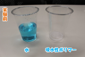 それぞれ青色に着色された水と吸水性ポリマーが入った2つのコップの写真