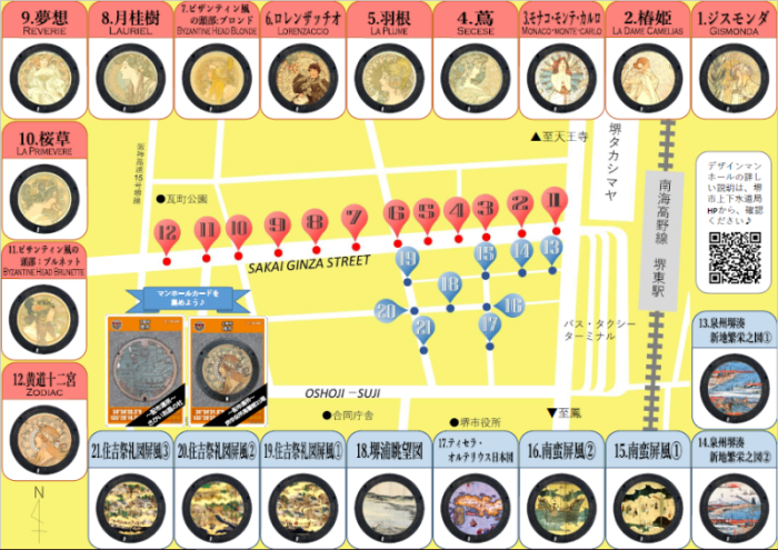 堺東商店街エリアの各マンホールの位置とデザインを記した位置図