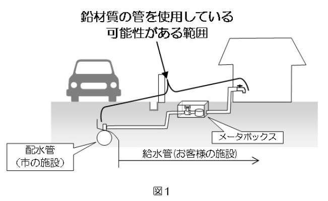 図1：家から配水管まで繋がっており、鉛材質の管を使用している可能性がある範囲を示したイラスト