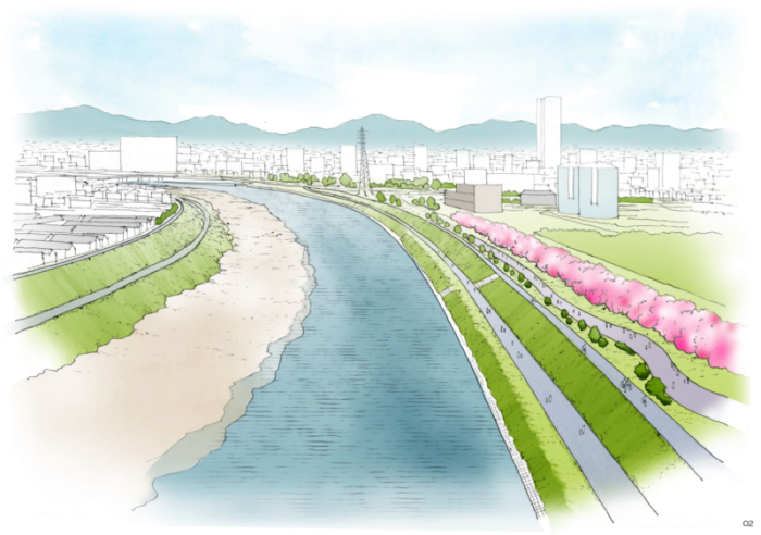 大和川の沿岸に花などが植えられた沿岸のパース図のイラスト