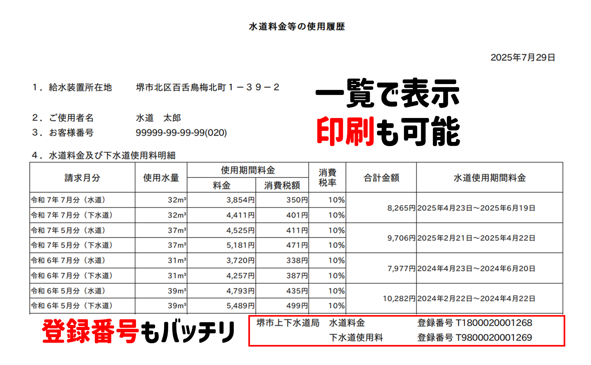 一覧で表示、印刷も可能。登録番号もバッチリ
