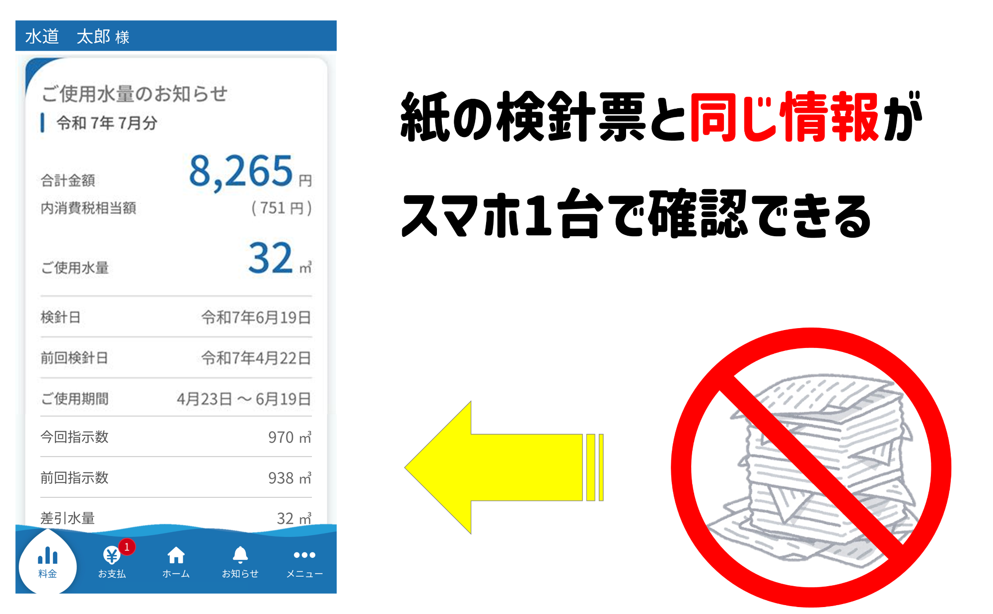 紙の検針票と同じ情報がスマホ1台で確認できる