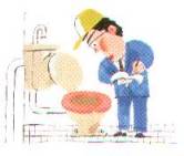 男性が黄色い帽子を被り、水洗トイレを見て確認しているイラスト